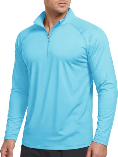 Vista 13 de CRYSULLY Camiseta de manga larga con cremallera de 1/4 para hombre, con protección solar, pullover UPF 50+, rash guard para correr, camiseta ligera