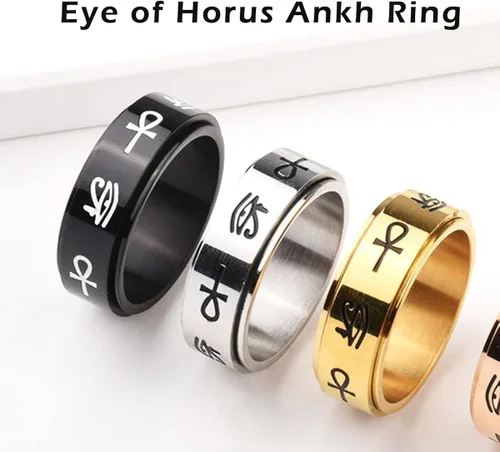 Vista 5 de CHEODIN Ojo de Horus anillo giratorio de acero inoxidable para ansiedad, Ankh, anillo de compromiso para mujeres y hombres, anillo de compromiso