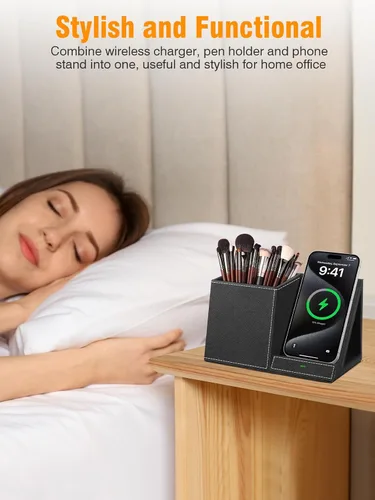 Vista 8 de TopMade Cargador inalámbrico con soporte para lápiz para bolígrafo, organizador de mesita de noche de escritorio multifuncional de cuero, estación