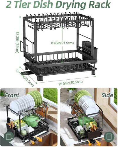 Vista 2 de Escurridor de platos, escurridor de 2 niveles que ahorra espacio, escurridor de platos multifuncional para encimera de cocina con bandeja