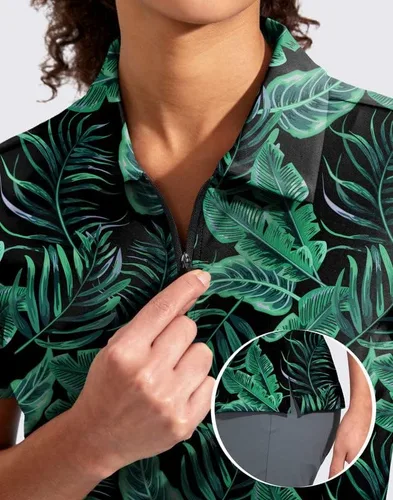 Vista 4 de Viodia Camisa de golf para mujer, manga corta, con cremallera, de secado rápido, elástica, con cuello de tenis, ropa de golf