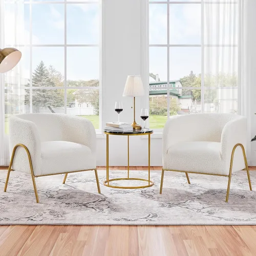 Vista 9 de Yaheetech - Silla decorativa moderna, con patas doradas, color marfil Boucle Fabric Vanity Chair, Cozy Fuzzy Armchair for Living Room Makeup Room