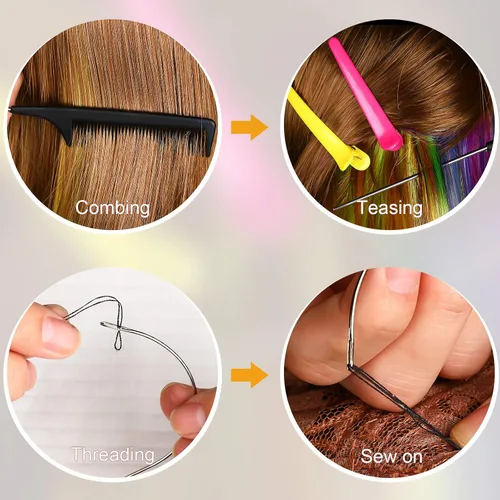Vista 6 de Chuangdi Kit de herramientas de extensión de cabello: 600 cuentas de micro anillo forradas de silicona, 1 alicates, 1 peine, 2 ganchos, aguja