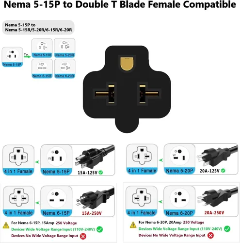 Vista 3 de Cable adaptador de hoja T de 1 pie y 15 amperios para el hogar a 20 Amp T NEMA 5-15P a 5-20R 5-15R 6-15R 6-20R (4 en 1) Cable adaptador de enchufe