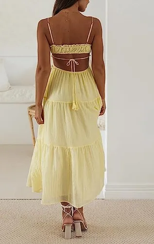Vista 6 de Vestido sexy de corte bajo con tirantes delgados para mujer, vestido largo sin mangas, sin espalda, vestido largo para salir, fiesta, club