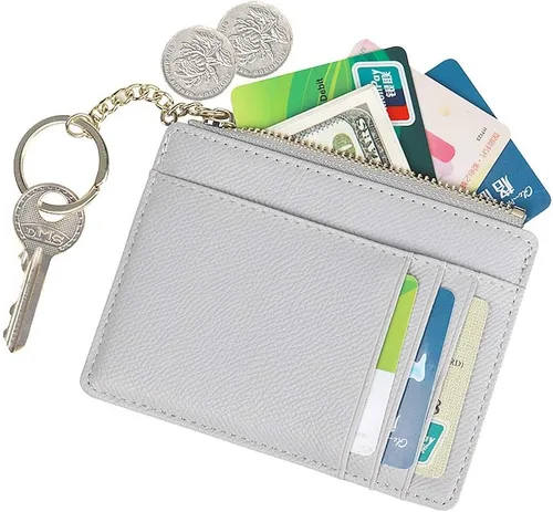 Vista 2 de Cartera pequeña de piel para mujer, con llavero, delgado, tarjetero, mini monedero con llavero.