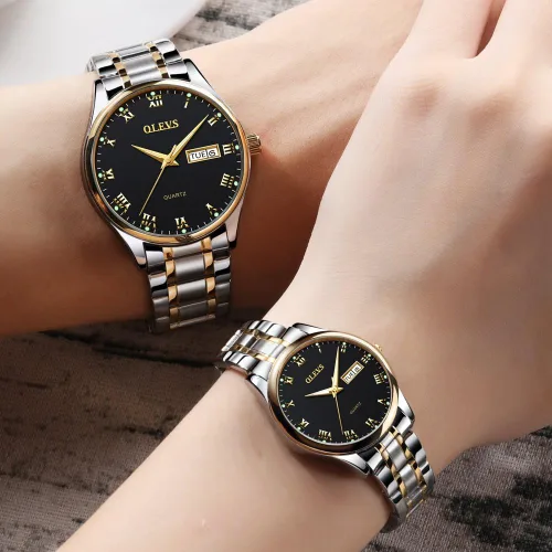 Vista 11 de OLEVS Juego de 2 relojes de cuarzo para parejas de San Valentín, calendario luminoso, ventana de fecha, 3 ATM, impermeable, casual, acero
