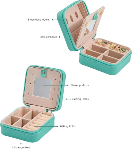 Vista 3 de Norm Jewels Joyero de viaje, joyero de viaje, pequeño, organizador de joyas de viaje, caja organizadora para mujeres con espejo