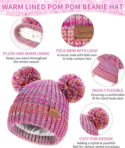 Vista 5 de Remifa Conjunto de bufanda y gorro de invierno para niños y niñas, con forro polar con pompón, bufanda larga, guantes cálidos