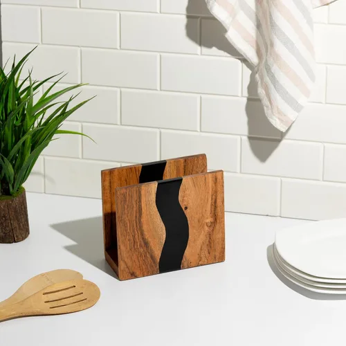 Vista 5 de Servilletero de madera de acacia y resina epoxi transparente para mesa, organización rústica de servilletas de granja para cocina, comedor