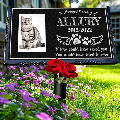 Vista 12 de Marcador personalizado para tumbas para mascotas con foto, piedra conmemorativa de gatos, lápida de granito negro personalizada grabada con láser