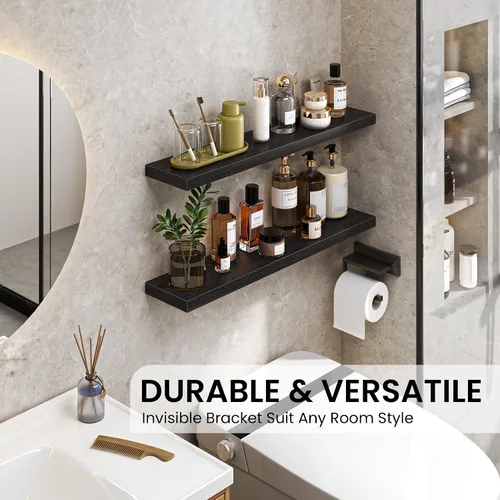 Vista 4 de Heimlove Estantes flotantes para pared, estante de 16 pulgadas para baño pequeño, almacenamiento montado y exhibición, estantes de madera para Negro