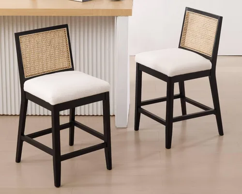 Vista 8 de VESCASA Taburetes tapizados de encimera de 26.5 pulgadas de alto con respaldo de ratán rectangular, sillas de bar modernas de altura de mostrador