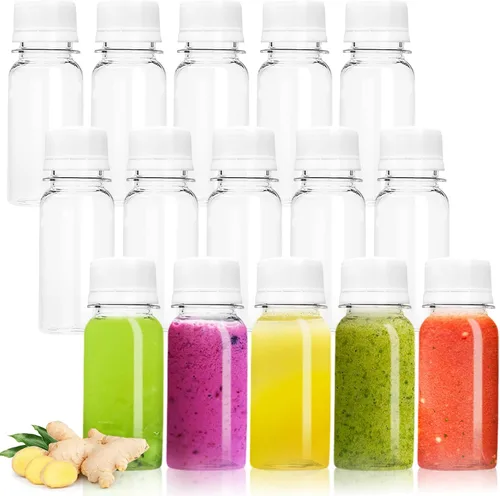Vista 7 de Xuyyicao 30 Piezas Botellas Pequeñas de Plástico de 2 Oz para Líquidos, Botella para Shot de Jengibre con Tapas, Recipientes de Bebidas Negro