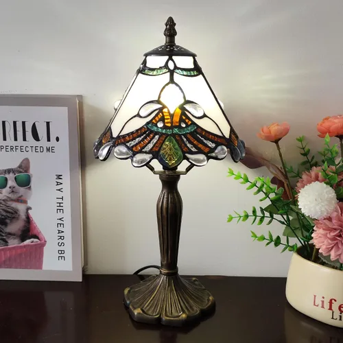 Vista 11 de Tiffany - Lámpara de mesa con perlas rojas, estilo barroco, vitral, luz de escritorio, pequeña lámpara de noche estilo Tiffany con bombilla LED