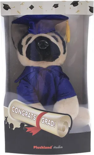 Vista 2 de Plushland Pastor alemán de peluche para el día de graduación, texto personalizado, nombre o logotipo de tu escuela en el vestido, lo mejor