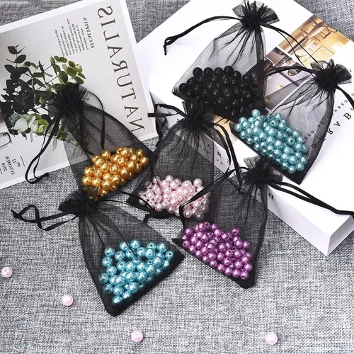 Vista 5 de 50 bolsas de organza con cordón de regalo para joyas, tela transparente de malla de 4 x 6 pulgadas, organizador de red negra, sobres geniales