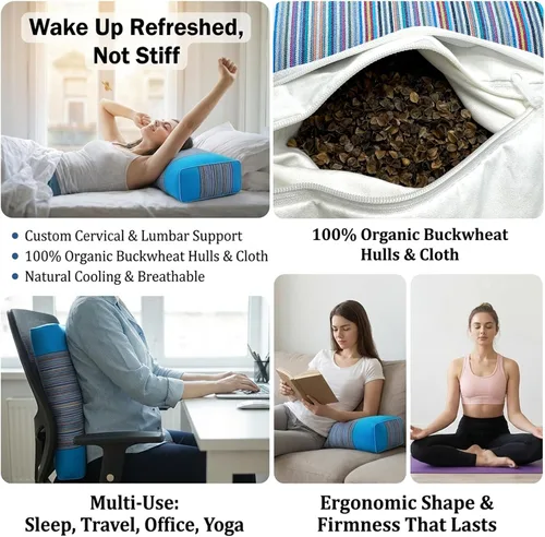 Vista 4 de Almohada ajustable de casco de trigo sarraceno para aliviar el dolor de cuello (21 x 8 x 4), almohada de enfriamiento natural para campamento
