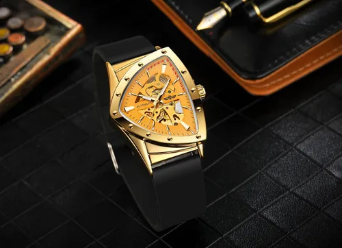 Vista 5 de FORSINING Reloj de pulsera mecánico triangular impermeable para hombre con correa de silicona