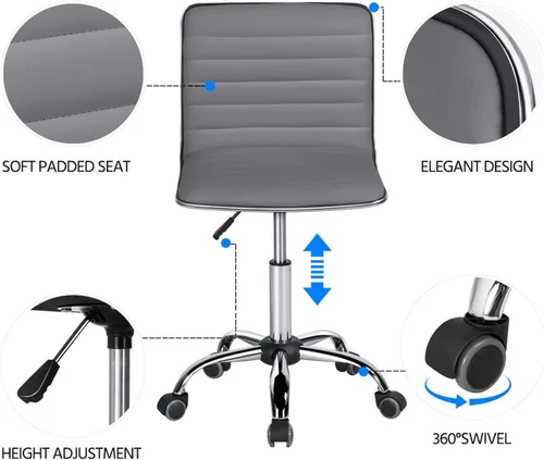 Vista 6 de Yaheetech Silla de oficina moderna de piel sintética sin brazos, 2 piezas, ajustable, con respaldo bajo, giratoria, ruedas rodantes, color gris