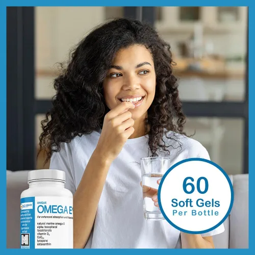 Vista 5 de UNIQUE E A.C. Grace Company Omega E+ - Suplemento de aceite de pescado - con ácidos grasos omega-3 marinos, vitamina E, vitamina D3 y CoQ10 - Ayuda