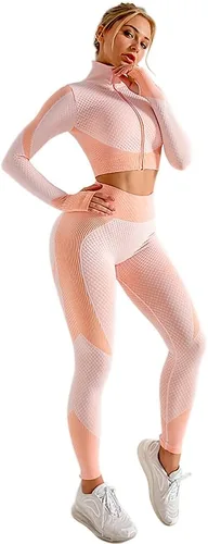 Vista 2 de YETOWA Conjunto de 3 piezas sin costuras para mujer, conjunto de entrenamiento para gimnasio, fitness, deportes, entrenamiento, ropa para correr