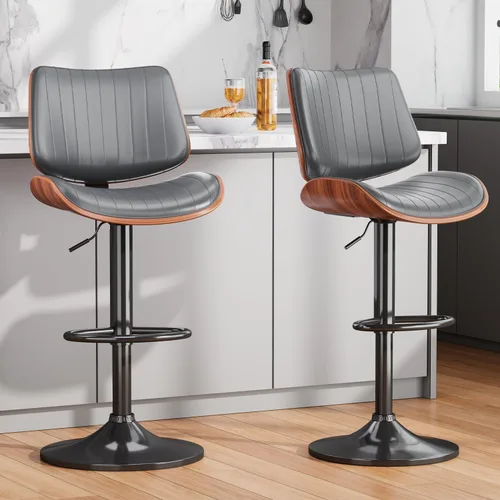 Vista 21 de Juego de 1 taburetes de bar giratorios de madera curvada ajustables para encimera de cocina, moderna silla de bar tapizada de piel sintética
