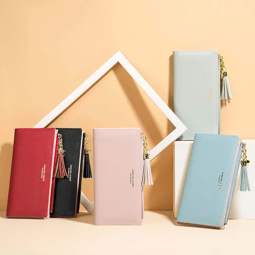 Vista 7 de SUMGOGO Cartera delgada para mujer con borla larga con cremallera y embrague monedero bolso tarjetero (rosa)