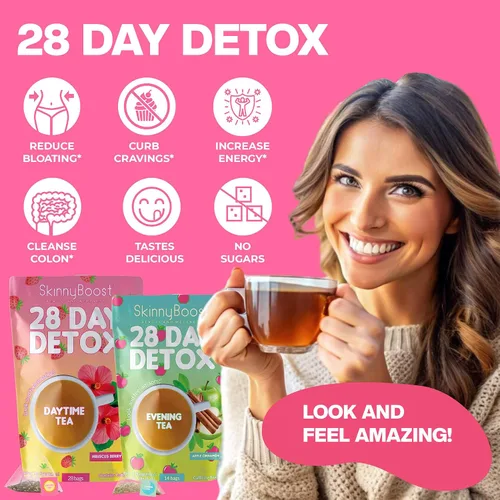 Vista 7 de SkinnyBoost - Kit de té desintoxicante de 2 paquetes – 1 de día HIBISCO (28 bolsas) + 1 de noche MANZANA CANELA (14 bolsas) – Desintoxicación herbal