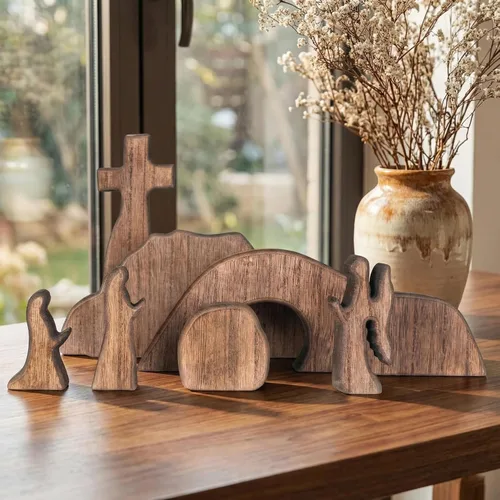 Vista 8 de IoF Adorno de escena de resurrección de Pascua, decoración de Pascua religiosa de madera, figuras de tumba vacía cristiana de madera, juego