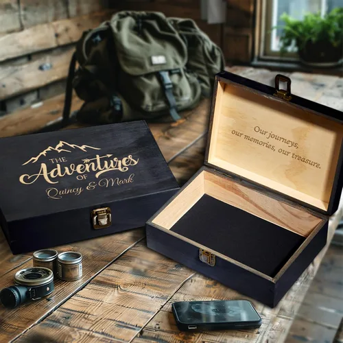 Vista 4 de Caja de Recuerdos de Madera Personalizada con Grabado Personalizado Caja de Memoria de Aventura para Parejas Recuerdos de Viaje Fotos Cartas - Cajas
