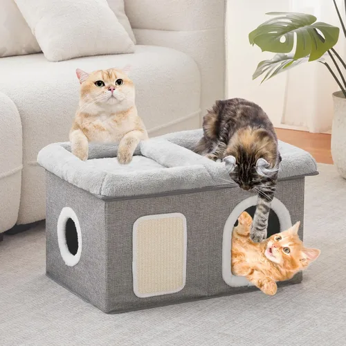 Vista 8 de WINDRACING Camas para gatos de interior - Casa extra amplia para mascotas y cama plegable para gatos con almohadilla para arañar, escondite