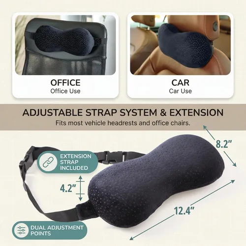 Vista 5 de Almohada para el cuello del automóvil para conducir, almohada de espuma viscoelástica para reposacabezas con correa ajustable de 14 pulgadas, funda