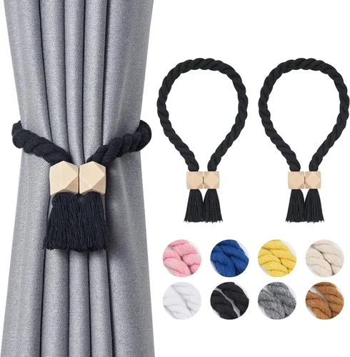 Vista 12 de NICEEC 2 Pack de Alzapaños Magnéticos de Madera en Forma de Cubo Boho para Decoración del Hogar, Alzapaños de Lino Tejidos a Mano para Cortinas Beige