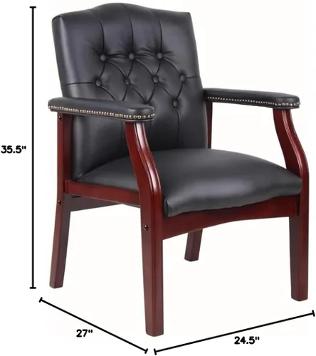 Vista 3 de Pemberly Row Silla de invitados tradicional de piel sintética, tapicería negra, base de madera de caoba con clavos de latón antiguo, 24.5 x 27 x