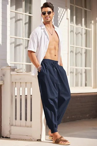 Vista 4 de COOFANDY Pantalones de harén hippie para hombre, holgados, de lino, bohemio, para yoga, casual, con entrepierna caída, pantalones