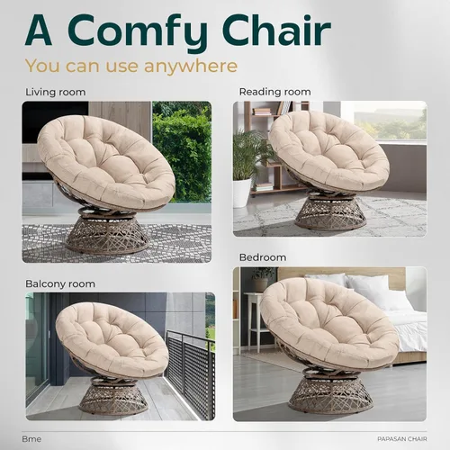 Vista 6 de Bme Silla Papasan ergonómica de mimbre de 40 pulgadas con cojín y marco suaves y gruesos, giro de 360°, círculo, lectura, silla cómoda para sala