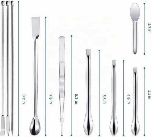 Vista 3 de Juego de 25 espátulas de laboratorio de acero inoxidable, juego de microcucharas, pequeña espátula de mezcla de laboratorio con pinzas, cuchara