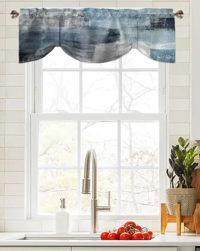 Vista 4 de Cenefas de ventana con lazo, estilo pintura al óleo, mancha artística, geométrica abstracta gris, cenefa para sala de estar, bolsillo para barra