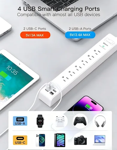 Vista 3 de Paquete de 2 regletas de alimentación, cable de extensión de 3 pies, protector de sobretensiones con 6 tomas de corriente y 4 puertos USB (2 USB C)