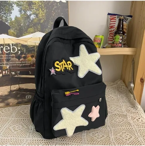 Vista 2 de Linda mochila para mujeres y hombres, diseño Kawaii Y2K moderno colorido Harajuku senderismo mochila de viaje mochila estética mochila, Negro