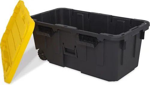 Vista 5 de Caja resistente negro y amarillo, 20 galones con ruedas, interior/exterior, resistente (paquete de 2)