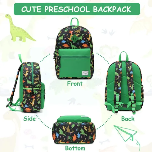 Vista 5 de Kasqo Mochila infantil para niños y niñas, mochila escolar de jardín de Dinosaurio Negro