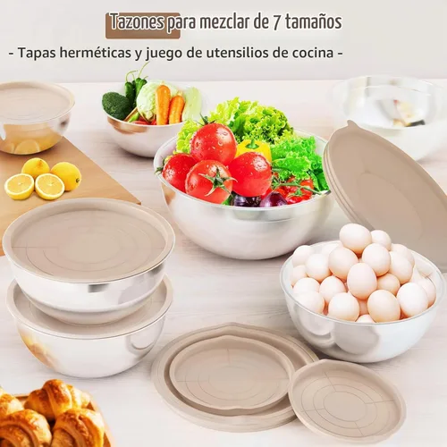 Vista 6 de Juego de tazones para mezclar de acero inoxidable con tapas y 3 accesorios Caqui