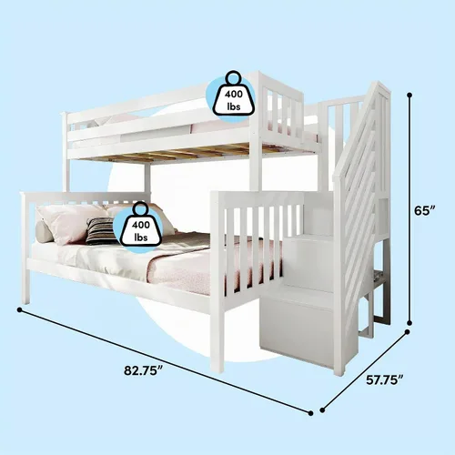 Vista 2 de Max & Lily Litera, marco de cama individual sobre matrimonial para niños con escaleras, color blanco