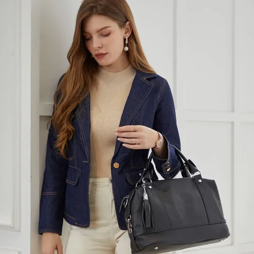 Vista 3 de Heshe Bolso de hombro de piel auténtica para mujer con asa superior bolso cruzado para oficina mujer y mujer cartera larga clip de dinero tarjetero