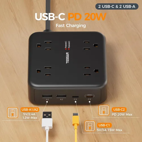 Vista 5 de TESSAN Regleta de alimentación con doble protector de sobretensiones, cable de extensión de 5 pies, enchufe de pared plana con 4 USB (2 USB C) 8