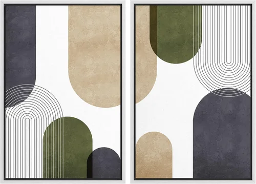 Vista 111 de Ashbrook - Set de arte de pared en lienzo enmarcado, tonos orgánicos de la tierra en beige y marrón con ilustraciones de trazos circulares, arte