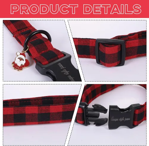 Vista 3 de Collar de perro de Navidad de Unique Style Paws con hebilla de plástico y colgante, a cuadros rojo y negro, collares de algodón para cachorros
