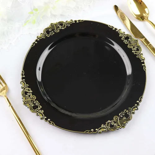 Vista 34 de Efavormart - Paquete de 10 platos de postre barrocos negros y dorados de 8 pulgadas, platos de aperitivo resistentes con borde metálico en relieve